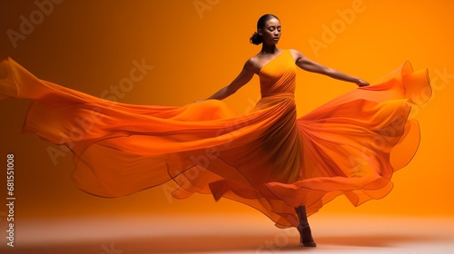 A poised dancer in a vivid orange dress creates an image of control and grace, her garment flowing elegantly against an orange backdrop