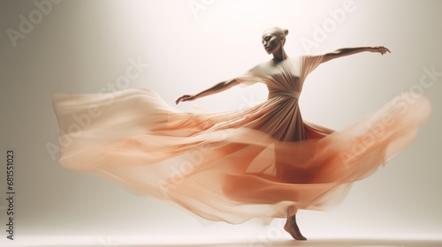 A dancer in a striking peach-toned dress showcases meticulous body control, embodying self-discipline within a whirl of motion