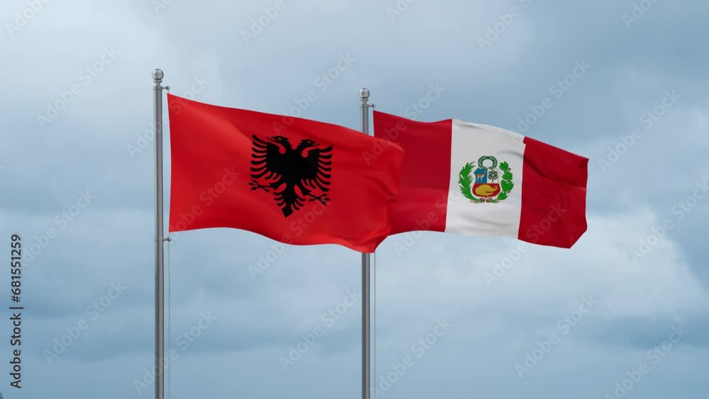 Peru and Albania flag waving together on cloudy sky, endless seamless loop, two country cooperation concept Peru and Albania flag waving together on cloudy sky, endless seamless loop, two country cooperation concept
