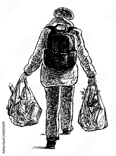 Hand drawn drawing of casual city woman with full grocery bags
