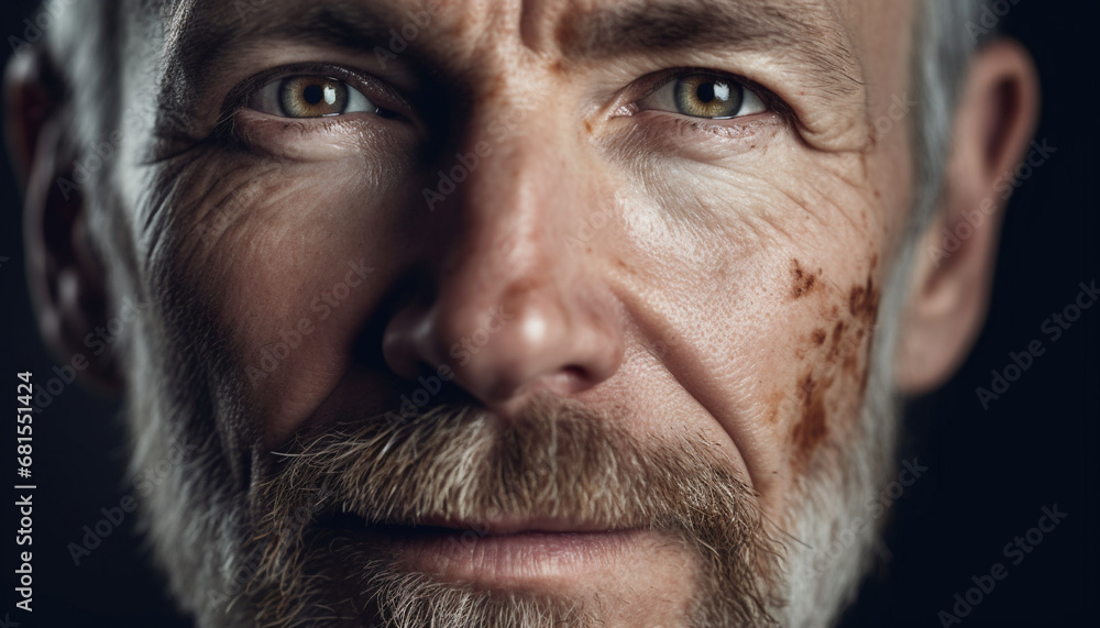Gray haired man with beard and serious expression looking at camera generated by AI Gray haired man with beard and serious expression looking at camera generated by AI