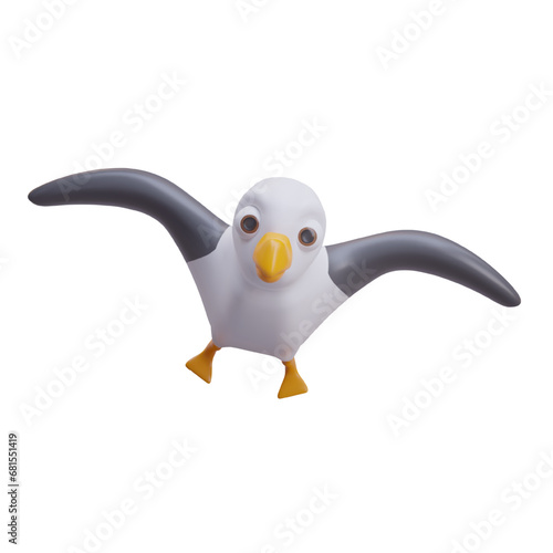 Beautiful realistic bird flying. Seagulls living near sea. White bird with black wings flies in search of food. Vector illustration in 3D style with yellow beak and paws