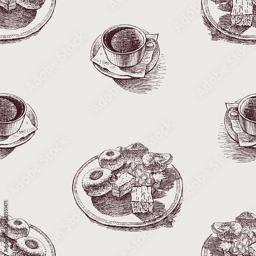 Seamless pattern of sketches coffee cup on saucer and different delicious cakes on plate photo