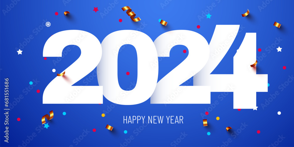 Happy New 2024 Year. Holiday numbers 2024 with golden confetti. Festive poster or banner design.