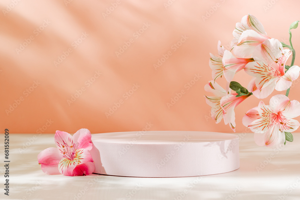 Podium with pink lily flowers and aesthetic shadows. Cute lovely showcase for cosmetic, perfume, design and product presentation. Spring and summer gentle background Podium with pink lily flowers and aesthetic shadows. Cute lovely showcase for cosmetic, perfume, design and product presentation. Spring and summer gentle background