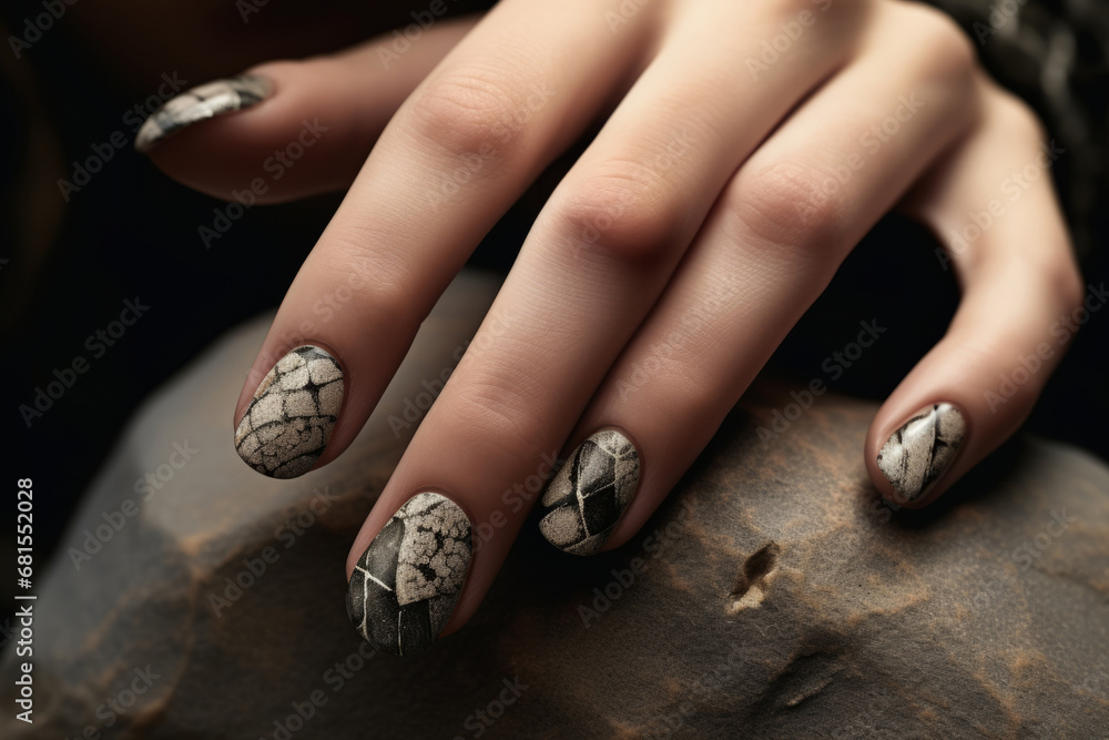 Delicately manicured hands with a stoic-inspired design gently hold a stone, symbolizing a harmonious blend of artistry and grounded stability Delicately manicured hands with a stoic-inspired design gently hold a stone, symbolizing a harmonious blend of artistry and grounded stability