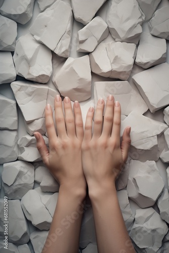 Two hands gently rest on a backdrop of crumpled paper stones, a creative representation of balance and the stoic embrace of simplicity
