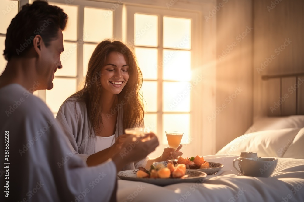 A husband in love brings his wife breakfast A husband in love brings his wife breakfast