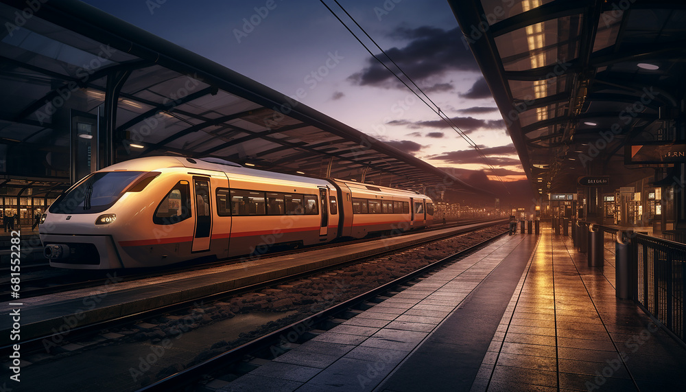 A modern train at a railway station under a beautiful sunset sky. Generative AI