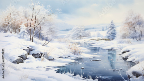 Winter peaceful landscape. Calmly flowing small river among snow-covered trees on frosty winter day. Large snowdrifts. Copy space.