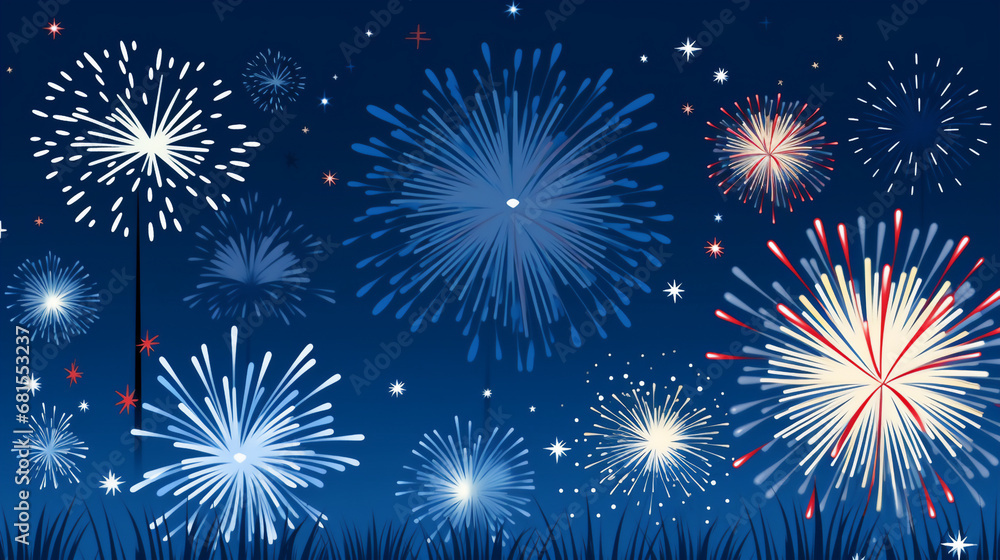 Fireworks illustration on blue background. Generative ai. Fireworks illustration on blue background. Generative ai.