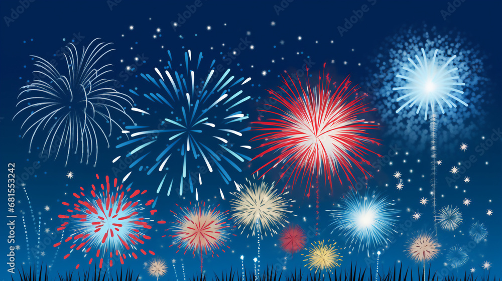 Fireworks illustration on blue background. Generative ai.