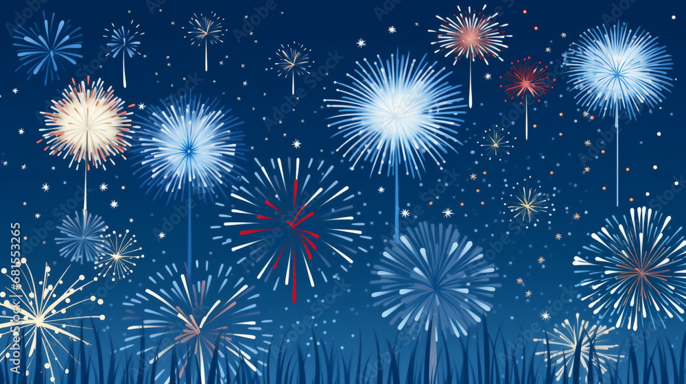 Fireworks illustration on blue background. Generative ai. Fireworks illustration on blue background. Generative ai.
