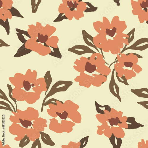 Seamless floral pattern, delicate ditsy print with simple hand drawn flowers. Botanical design with a rustic motif, natural ornament: small flowers and leaves on beige background. Vector illustration.