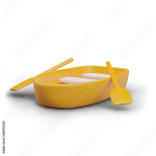 Wooden ship for ocean or marine sail, garish transport for river swimming. Yellow boat with oars. Travel ship concept. Vector illustration in 3d style on white background