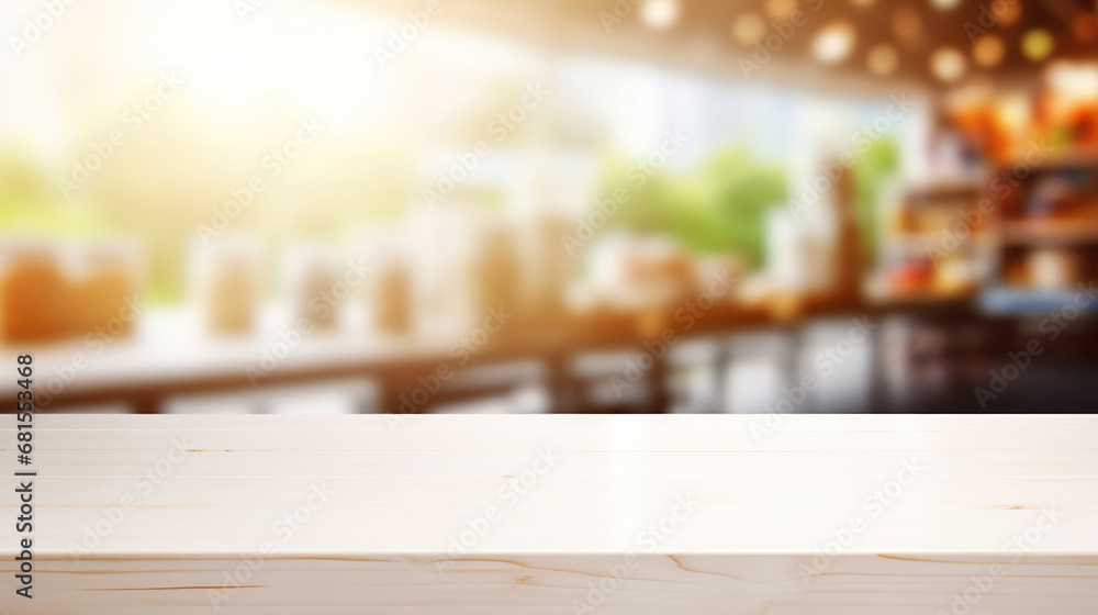 Empty white wooden table with blurred supermarket background