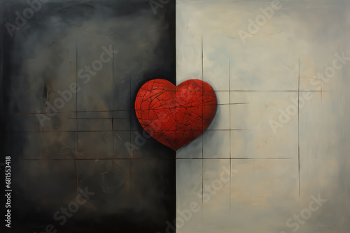 Cracked red heart on grunge background, unrequited love, valentine's day. Generative AI photo