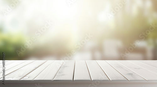 Empty white wooden table with blurred light background