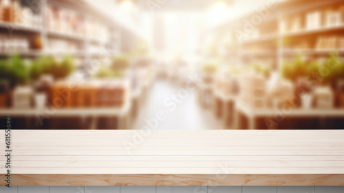 Empty white wooden table with blurred supermarket background