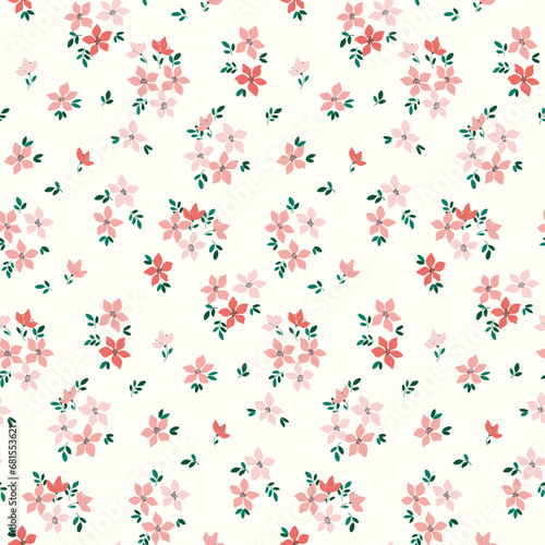 Seamless floral pattern, liberty ditsy print with a delicate spring motif. Cute botanical design, textile pattern: small hand drawn plants, tiny pink flowers, mini leaves on a white surface. Vector.