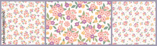 Seamless floral pattern, liberty ditsy print with cute simple flowers in the collection. Pretty botanical design: small hand drawn plants, tiny pink flowers, leaves on white field. Vector illustration