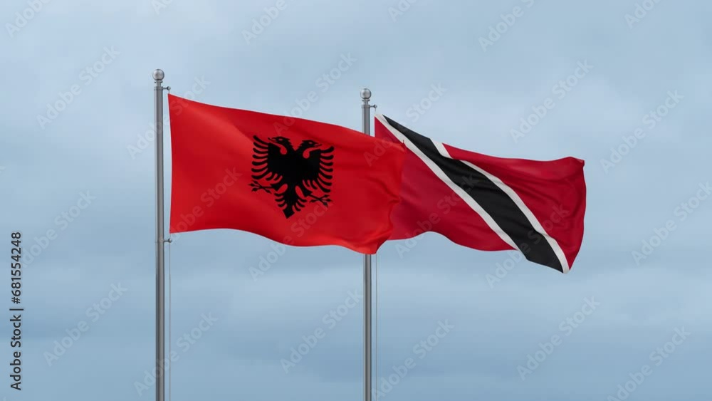 Trinidad and Tobago and Albania flag waving together on cloudy sky, endless seamless loop, two country cooperation concept