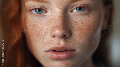 Lips and nose Woman happy young beautiful portrait with healthy freckled skin. Young beautiful freckles woman face with healthy skin and with ginger hair © Boraryn