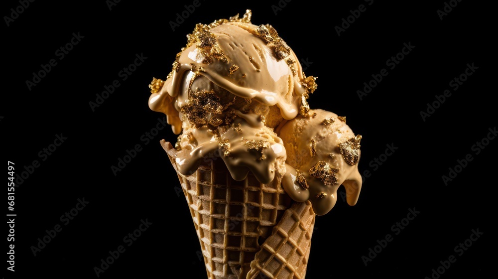 Delicious ice cream in waffle cone on blurred background, closeup