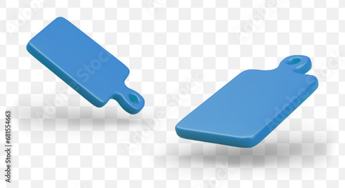 Blue kitchen board in different positions in blue colors with shadow. Kitchen equipment for cutting different food concept. Vector illustration in 3d style