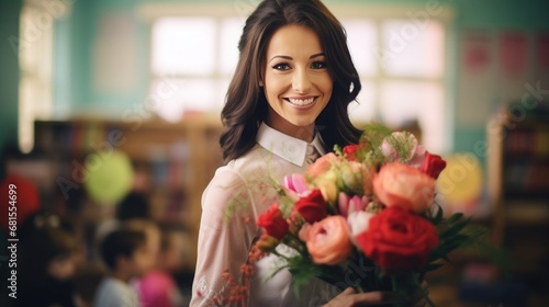 Smiling young woman holding a bouquet of flowers in her hands