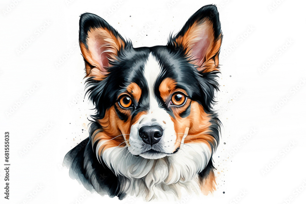 Dog with light eyes painted in watercolor.