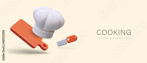 Concept of food preparation. White chef hat, knife, cutting board. Advertisement of cooking school, course, master class in cartoon style. Vector mockup of announcement, invitation