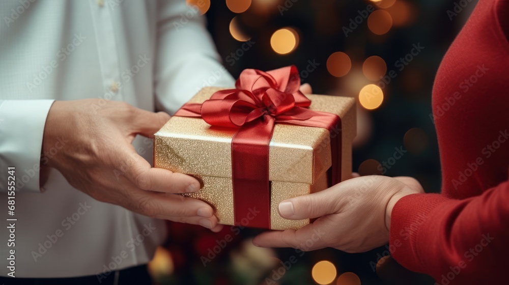 Close up of man and woman holding gift box with red ribbon