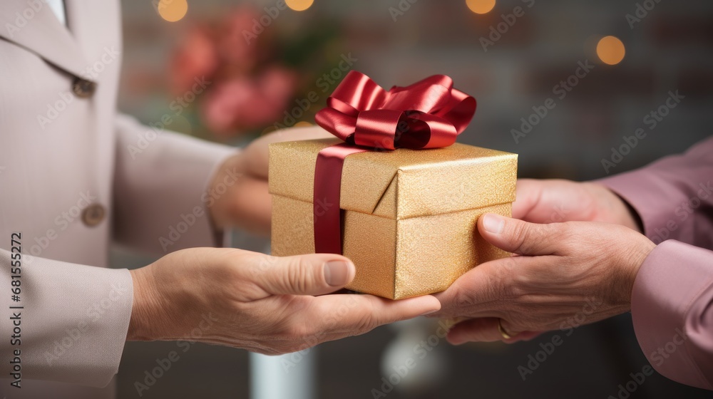 Cropped image of man and woman holding gift box on blurred background