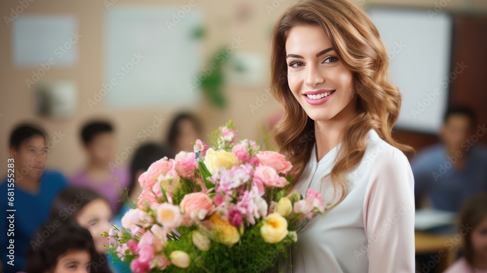 Happy female teacher holding bouquet of flowers in classroom