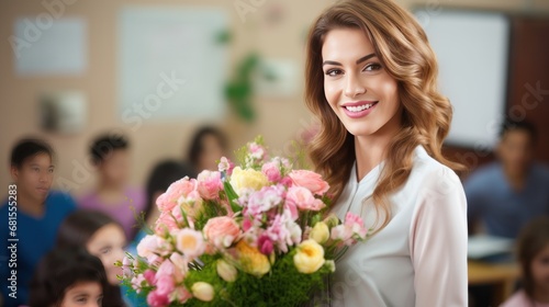 Happy female teacher holding bouquet of flowers in classroom © Bilal