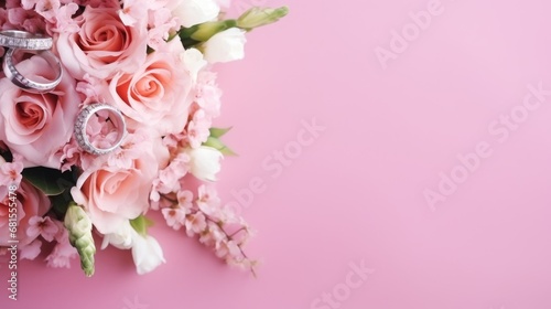 Rings and bouquet of flowers on pink background