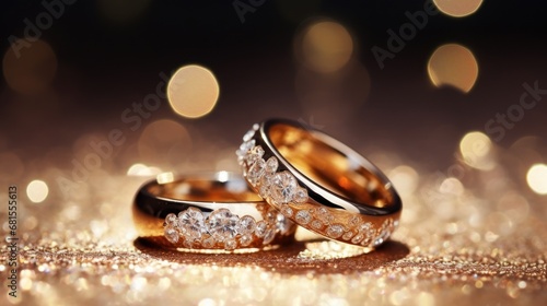 Wedding rings with diamonds on bokeh background, closeup