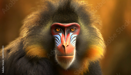 Portrait of a beautiful Mandrill (Mandrillus Sphinx) looking at the camera. Monkey face with vivid colors.