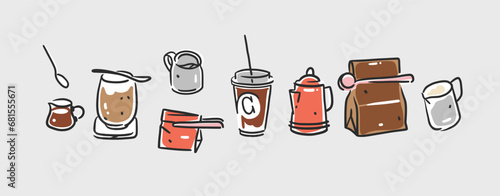 Set of coffee elements, kettle, mug and cups . Trending vector doodle illustrations for coffee shop and restaurant menu. Hand drawn coffee shop design concept and coffee break icons. Menu line art.