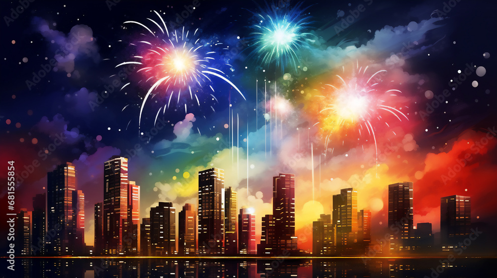 Fototapeta premium Multicolor fireworks on sky,high building. Generative ai.
