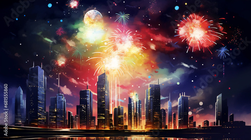 Multicolor fireworks on sky,high building. Generative ai.