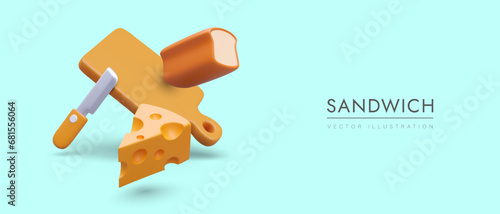 Everything you need to make sandwich. Vector composition of floating realistic objects. Toasted loaf of bread, cheese with holes, cutting board, knife. Concept on blue background, ads of store, bakery