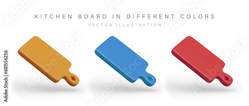 Yellow, blue and red cutting board. Set of realistic images on white background. Isolated vector illustration for culinary site, blog, app. Cute colored icons