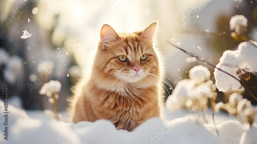 Close-up portrait of a small cat with whiskers in the snow. Generative AI