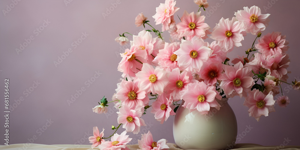 pink flowers in a vase , A vase with pink flowers ,A Bold And Dramatic Design ,Kosmea Stock Photo Generative AI
