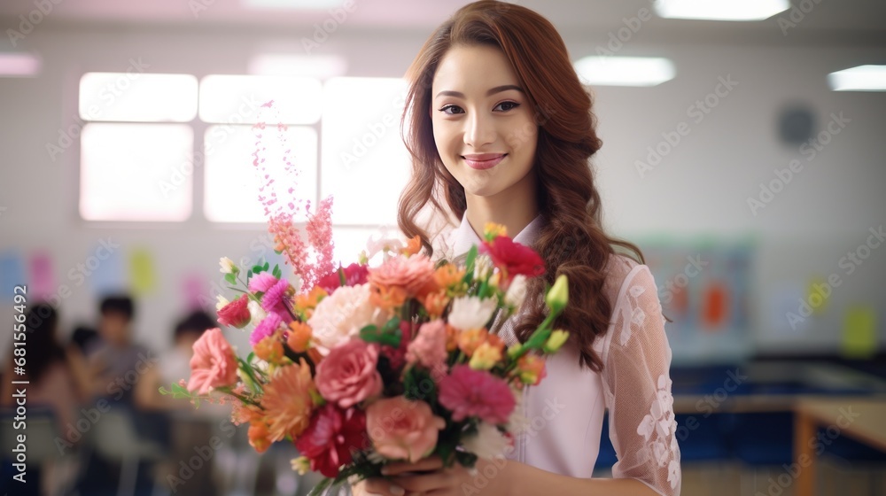 Asian businesswoman holding flower bouquet in office