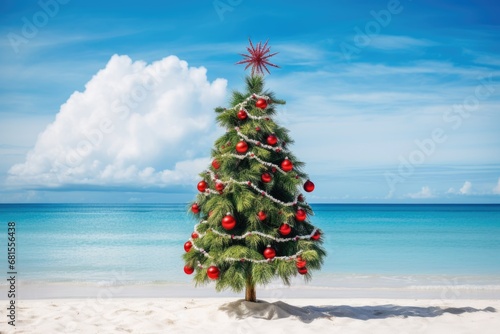 Christmas tree with lights on the beach. AI Generated