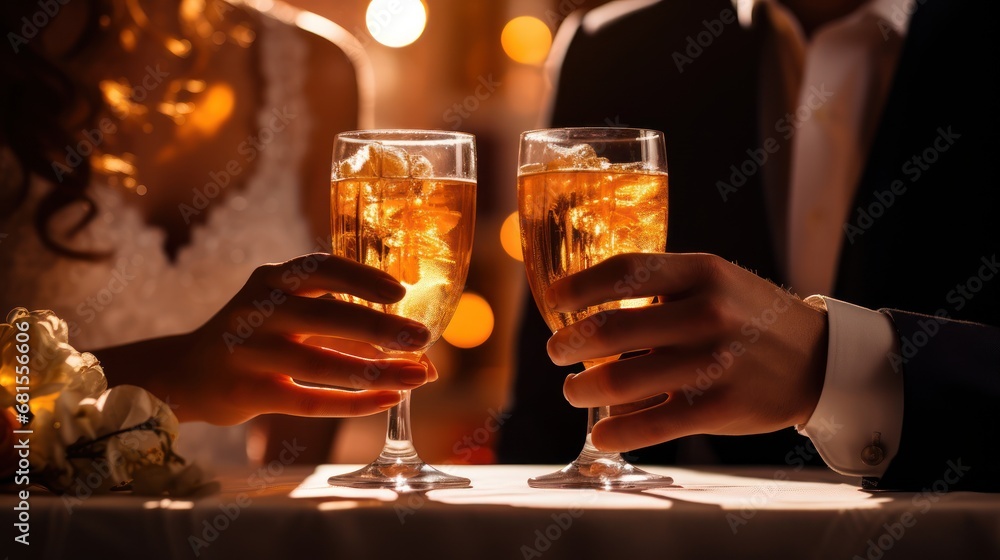 Close-up of male and female hands holding glasses of champagne