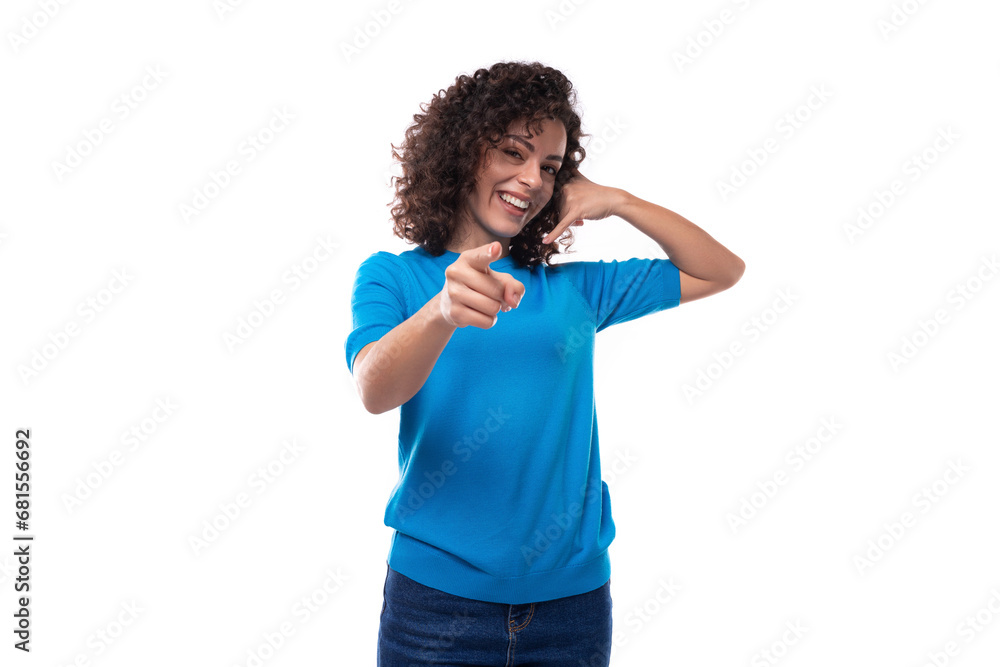 a young woman with a curly hairstyle above her shoulders feels joy a young woman with a curly hairstyle above her shoulders feels joy